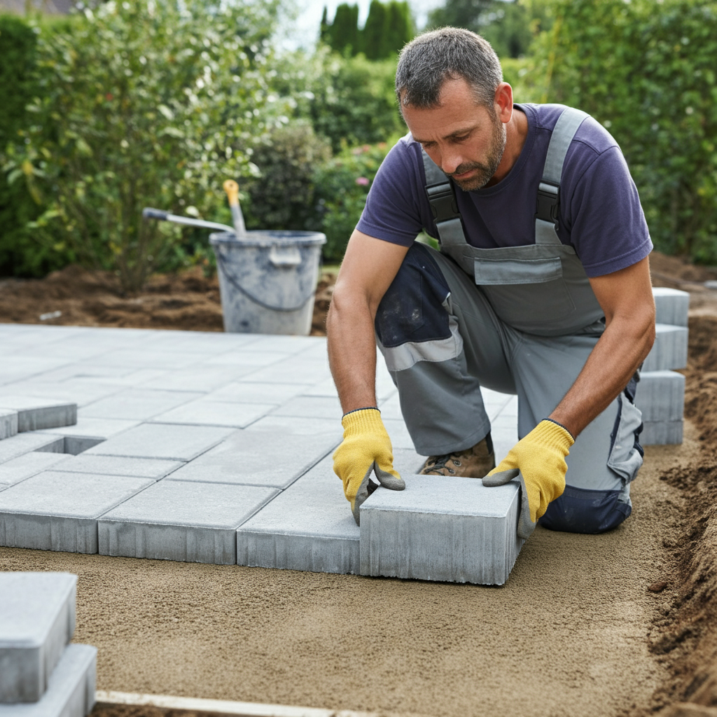 Een man die nauwkeurig grijze betontegels plaatst op een zandbed in een achtertuin, wat een bouw- en verbeterproject in Zeewolde illustreert.