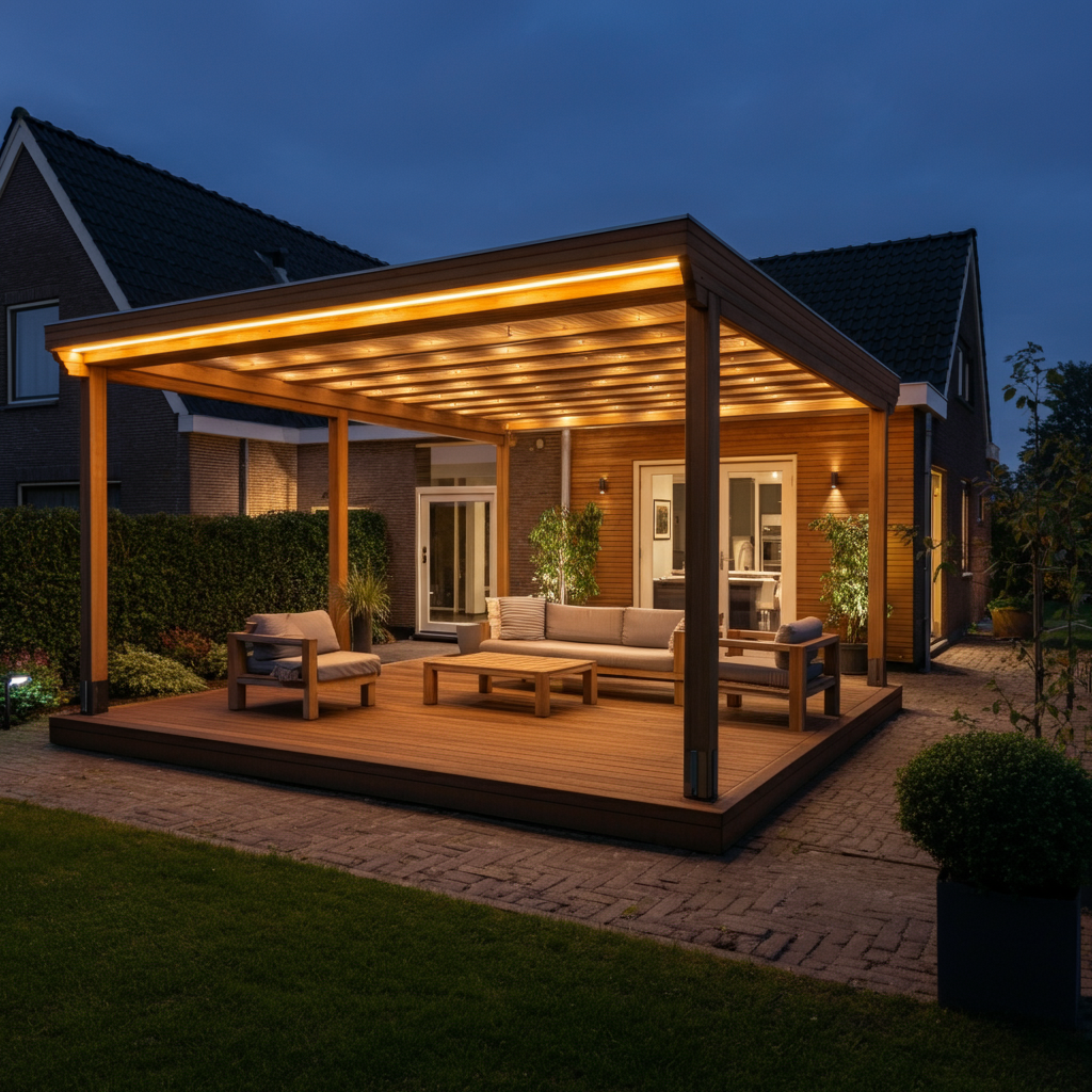 Een luxe houten veranda in Almere met glazen schuifwanden, een ruime indeling met een eetgedeelte en moderne heaters voor comfort het hele jaar door.