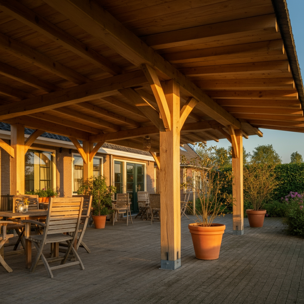 Een rustieke houten veranda in Laren met robuuste Douglas houten balken, een schuin dak en een warme, uitnodigende sfeer met buitenmeubilair en decoratieve planten.