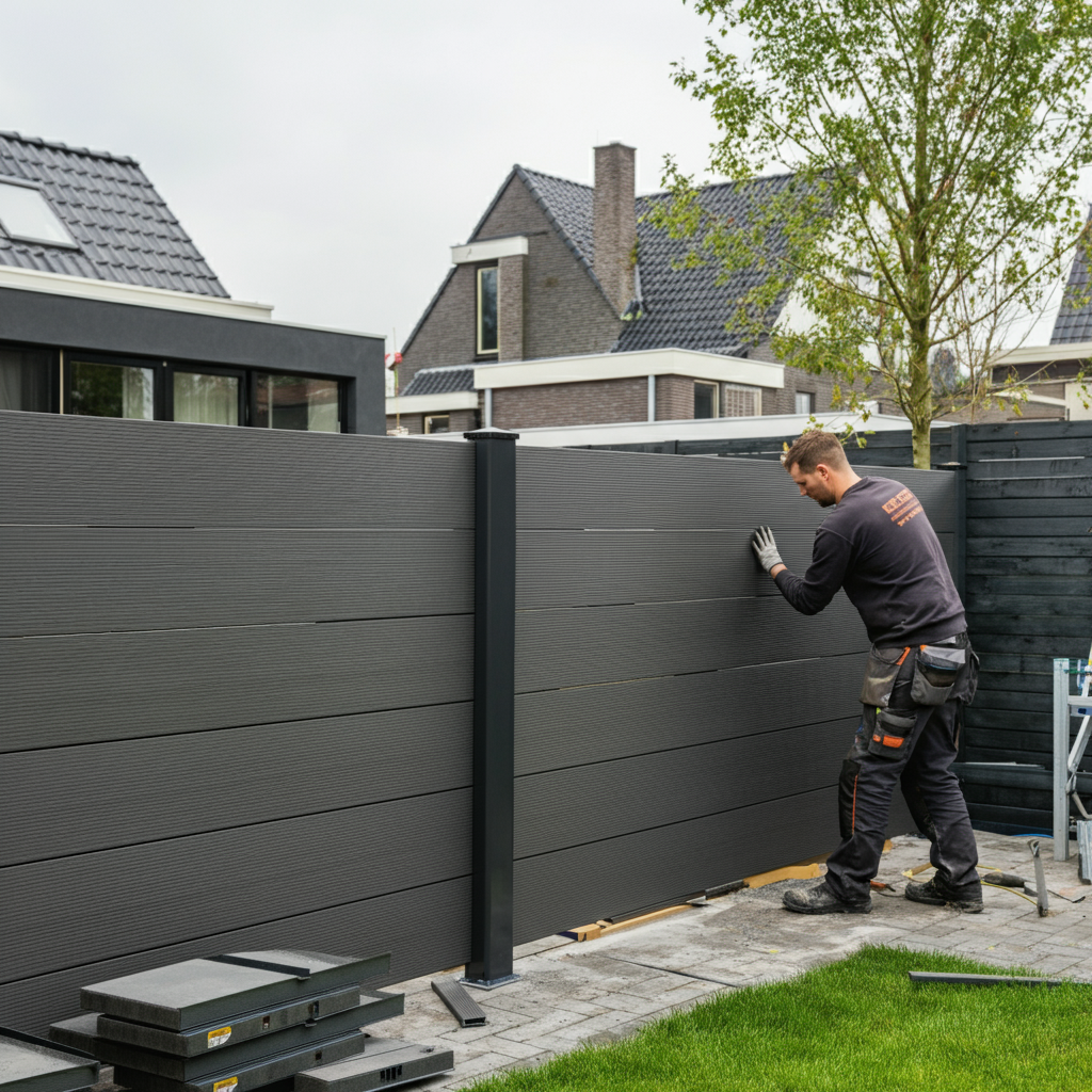 Een stijlvolle houten schutting in een klassieke tuin in Naarden, gecombineerd met groene beplanting en een rustige, elegante sfeer.