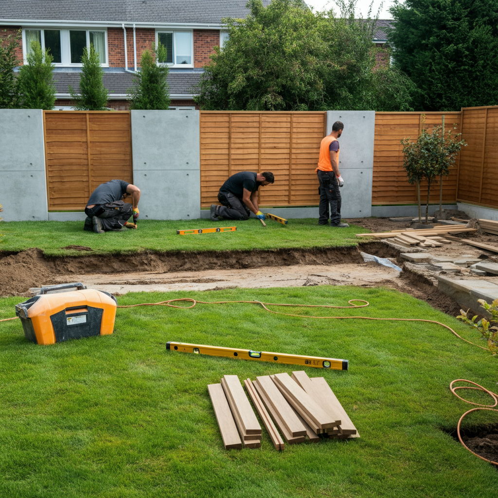 Een elegante houten schutting in een luxe tuin in Laren, gecombineerd met groene accenten en een serene buitenomgeving.