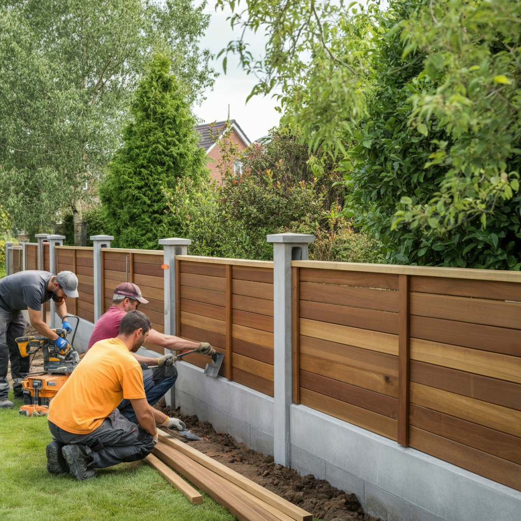 Een stijlvolle houten schutting in een moderne tuin in Bussum, gecombineerd met groene beplanting en een rustige buitenruimte.