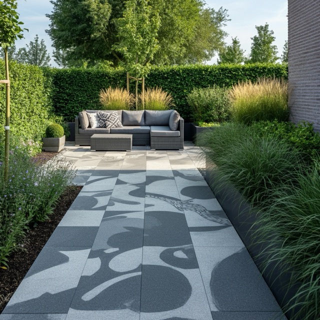 Een moderne tuin in Muiden met prachtig gelegde sierbestrating in een stijlvol patroon, omringd door groen en een gezellige zithoek.